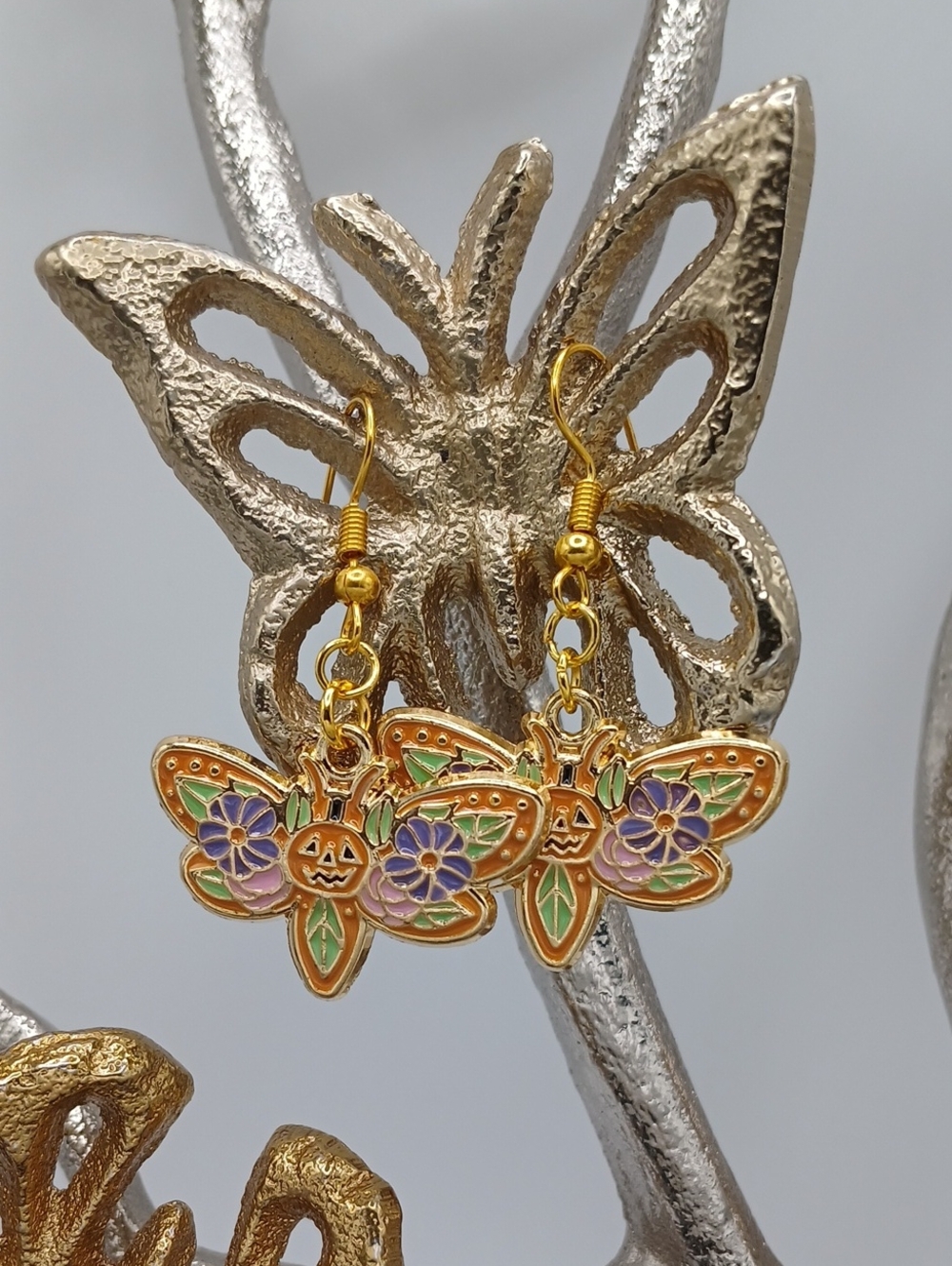 Gold-tone Halloween Butterfly Floral Dangle Earrings